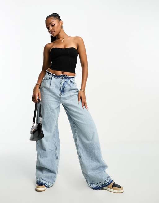 Stradivarius – Svart bandeau-topp i denim med dekorativa sömmar , 4 av 4