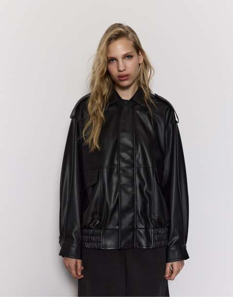 Stradivarius – Svart bikerjacka i oversized fit och läderimitation - view 1