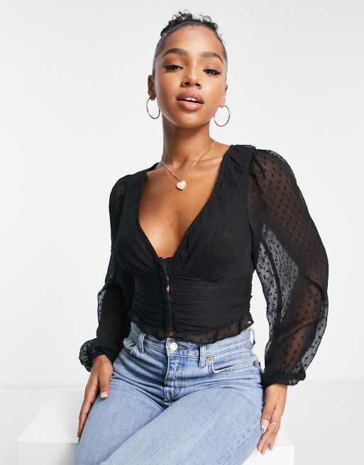 Stradivarius – Svart blus i dobbyväv med korsettdesign