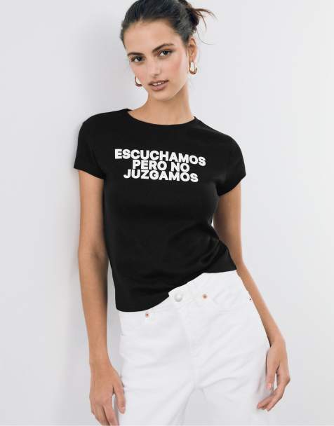 Stradivarius – Svart, figurnära t-shirt med text - view 1