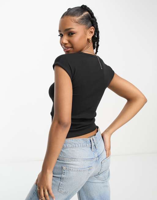 Stradivarius – Svart liten T-shirt i ribbad seamless design , 2 av 4