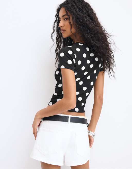 Stradivarius – Svart, prickig t-shirt med smal passform, 3 av 4