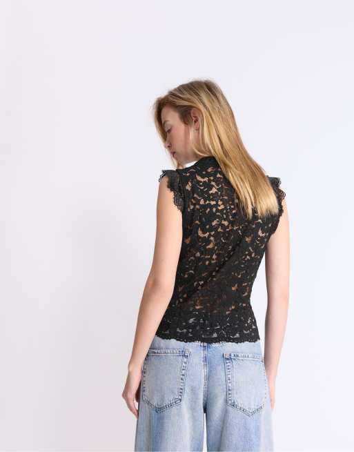 Stradivarius – Svart qipao-topp i spets, 3 av 4