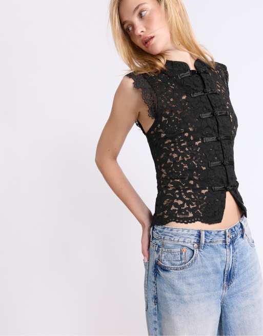 Stradivarius – Svart qipao-topp i spets, 4 av 4