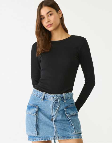 Stradivarius – Svart, ribbad t-shirt med långa ärmar - view 1