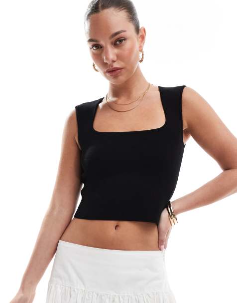 Stradivarius – Svart, stickad crop top med fyrkantig halsringning - view 1
