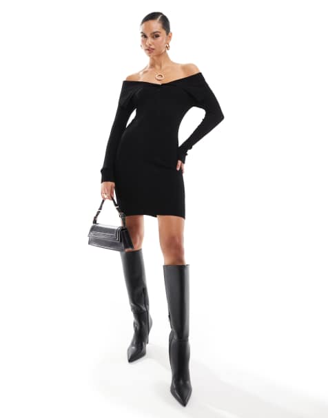 Stradivarius – Svart, stickad miniklänning med off shoulder-design och knäppning - view 1