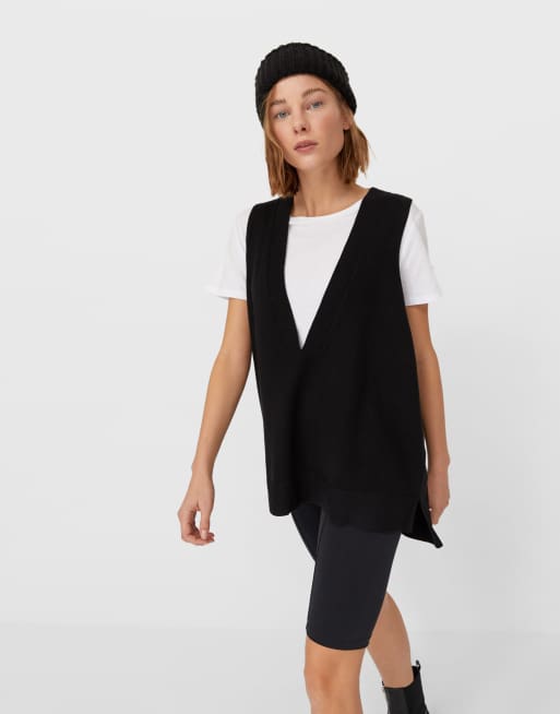 Stradivarius – Svart stickad väst i oversize med v-ringning