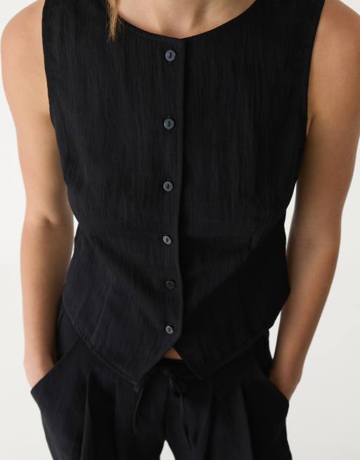 Stradivarius – Svart, strukturerad topp med knappar, 2 av 4