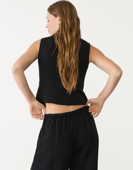 Stradivarius – Svart, strukturerad topp med knappar, 3 av 4