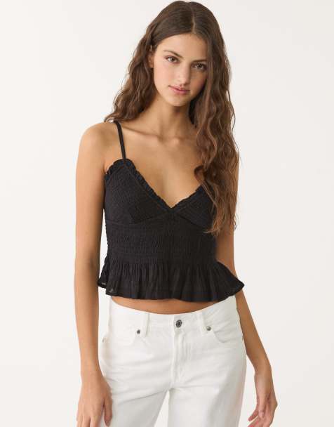 Stradivarius – Svart, strukturerad topp med volang - view 1