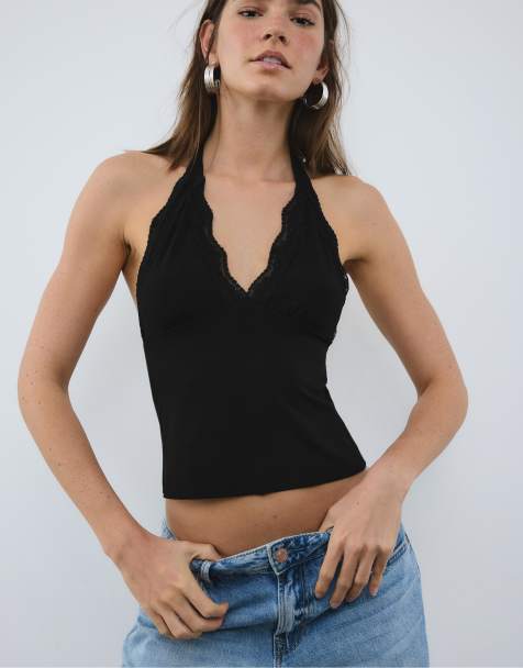 Stradivarius – Svart topp med halterneck och spets - view 1