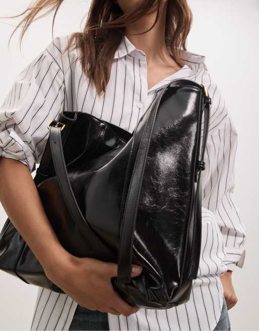Stradivarius – Svart väska med platt botten i läderlook, 3 av 4