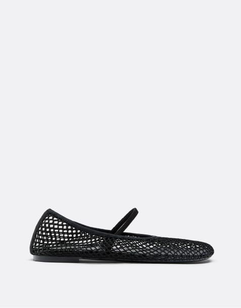 Stradivarius – Svarta ballerinaskor i mesh med remmar - view 1