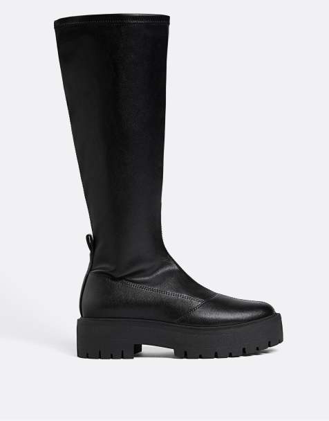 Stradivarius – Svarta, knähöga boots med stretch och räfflad sula - view 1