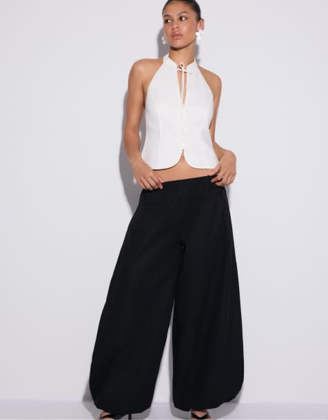 Stradivarius – Svarta, vida byxor i poplin - view 1