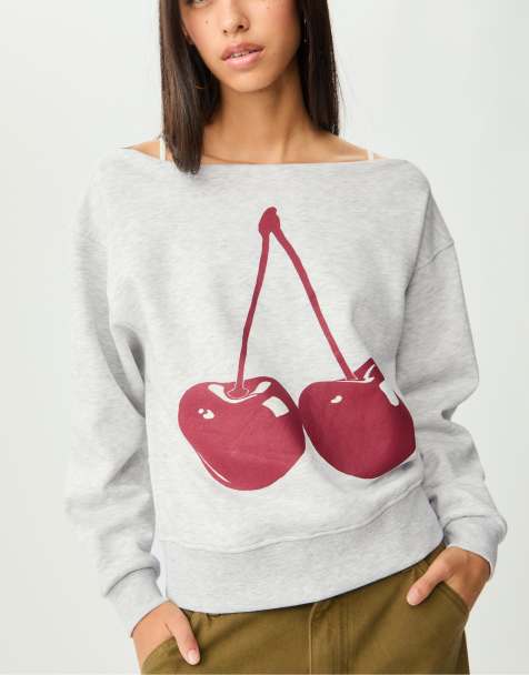 Stradivarius - Sweat à imprimé cerise - Gris chiné - view 1
