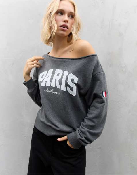 Stradivarius - Sweat à motif avec épaules dénudées - Gris foncé - view 1
