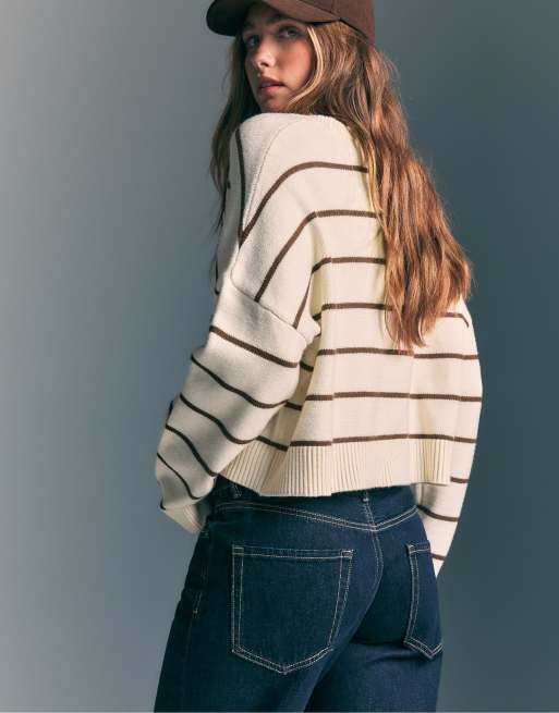 Stradivarius - Sweat court en maille rayée - Vanille, 3 de 4