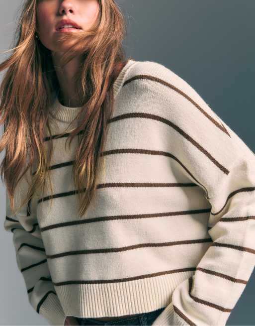 Stradivarius - Sweat court en maille rayée - Vanille, 4 de 4