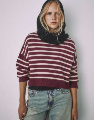 Stradivarius - Sweat court en maille rayée - Violet