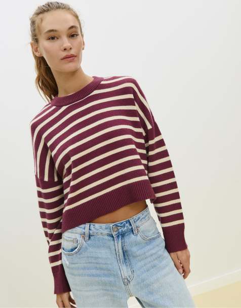 Stradivarius - Sweat court en maille rayée - Violet - view 1