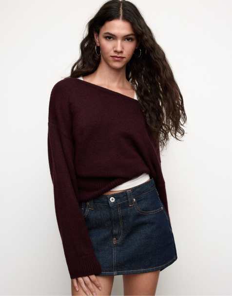 Stradivarius - Sweat en maille douce avec encolure bateau - Aubergine - view 1