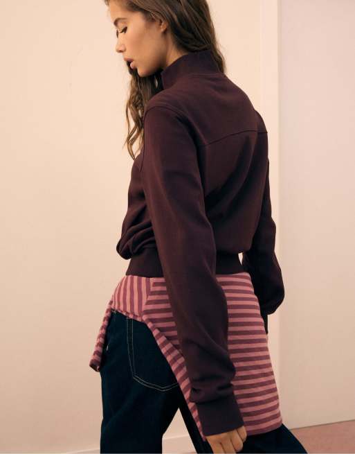 Stradivarius sweat-shirt court zippé à col montant en violet foncé, 3 de 7