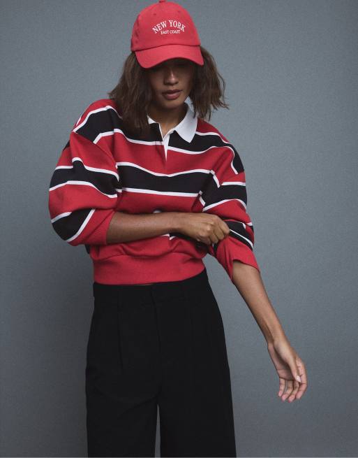 Stradivarius sweat-shirt polo à rayures rouge, 5 de 7