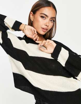 Stradivarius sweater in jumbo black & ecru stripe | ASOS