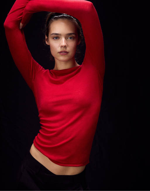 Stradivarius sweater med bådudskæring i rød, 5 af 7