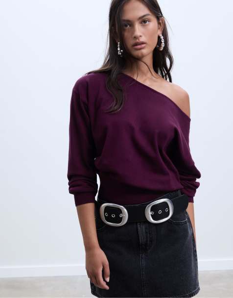 Stradivarius - Sweater met boothals in aubergine - view 1