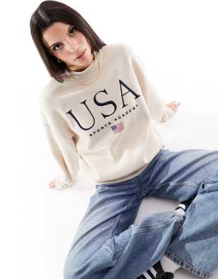 Stradivarius - Sweatshirt in Beige mit „USA"-Schriftzug-Neutral