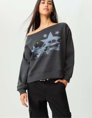 Stradivarius - Sweatshirt in Dunkelgrau mit U-Boot-Ausschnitt und Print