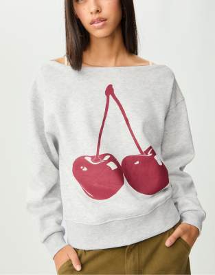 Stradivarius - Sweatshirt in meliertem Grau mit Kirschprint