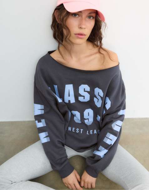 Stradivarius - Sweatshirt met boothals en print in donkergrijs - view 1