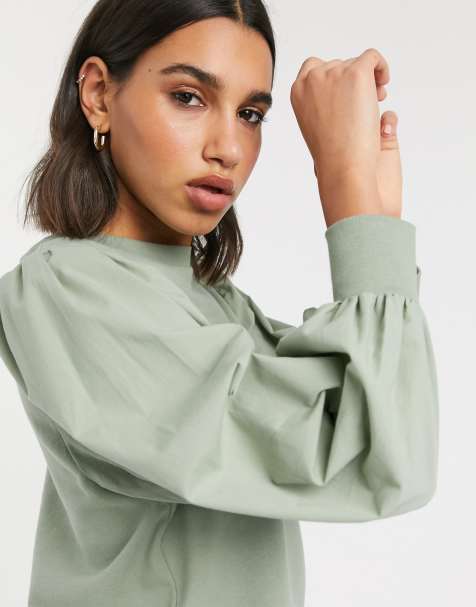 Stradivarius – Sweatshirt mit Popeline-Ärmeln in Khaki