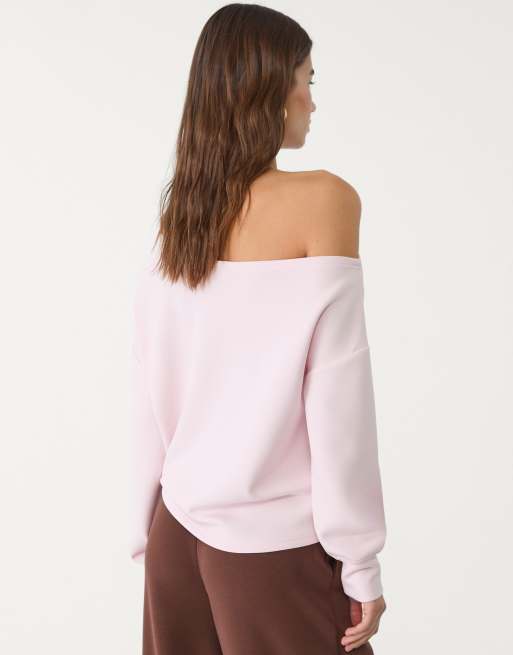 Stradivarius - Sweatshirt van zachte stof met blote schouder in pastelroze, 2 van 4