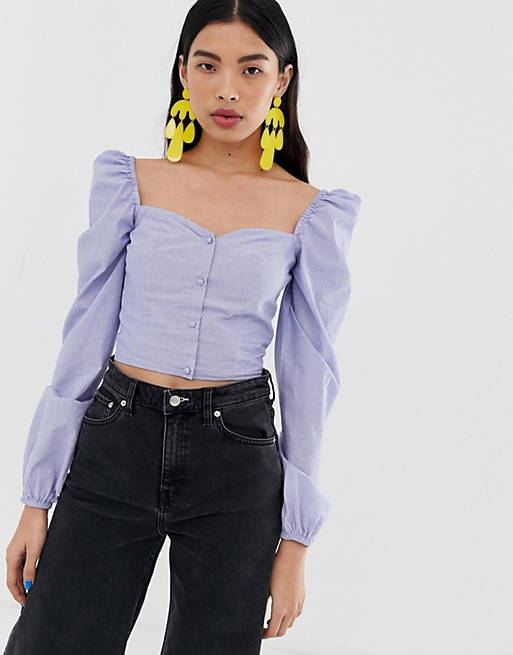 Stradivarius sweetheart button front blouse in blue