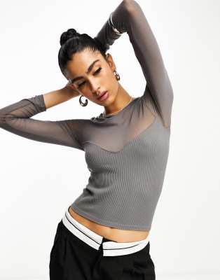 Stradivarius sweetheart neck mesh top in charcoal-Grey