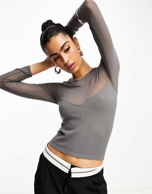 Stradivarius sweetheart neck mesh top in charcoal