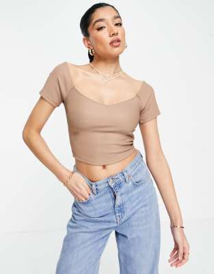 Stradivarius seamless ribbed scoop neck top in taupe