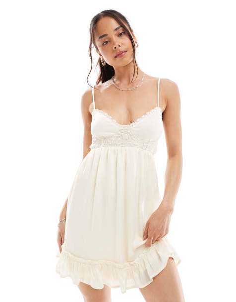 Stradivarius swing mesh detail ruffle trim mini dress in beige - view 1