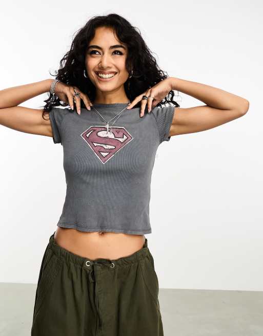Stradivarius – Szary przylegający T-shirt z motywem Superman