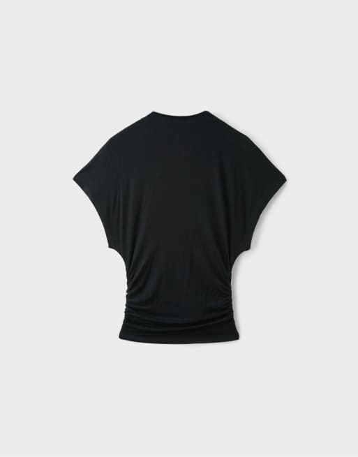 Stradivarius t-shirt à col montant froncé noir, 6 de 7