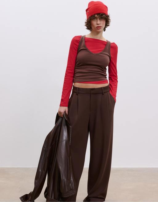 Stradivarius - T-shirt à fronces et manches longues - Rouge foncé, 2 de 4