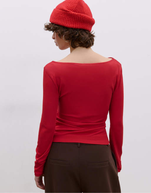 Stradivarius - T-shirt à fronces et manches longues - Rouge foncé, 3 de 4