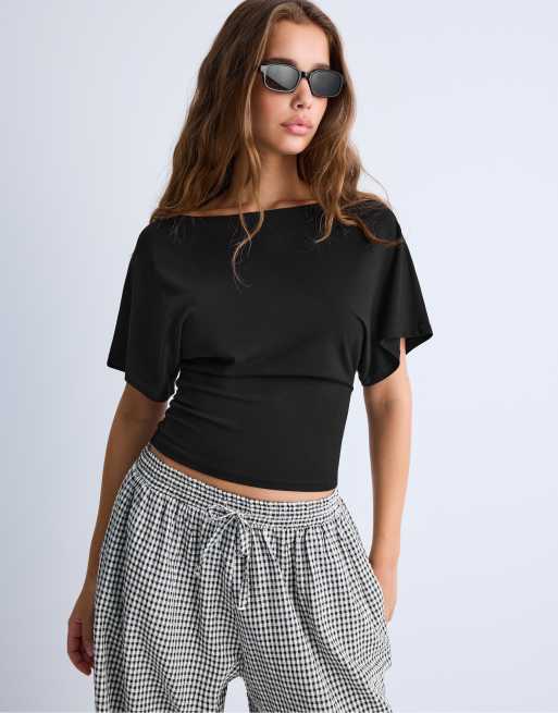 Stradivarius - T-shirt à manches courtes et encolure bateau - Noir, 2 de 4