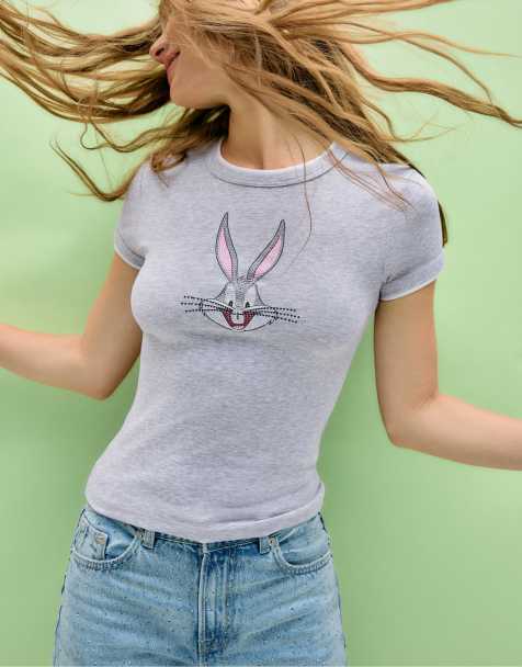Stradivarius - T-shirt à manches courtes et imprimé Bugs Bunny - Gris chiné - view 1