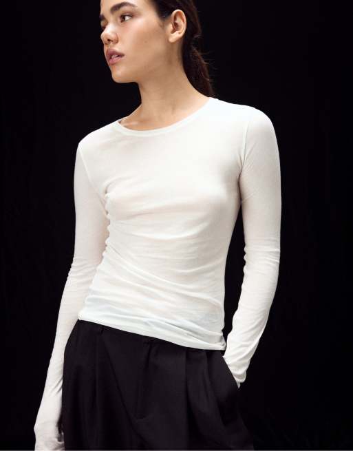 Stradivarius t-shirt à manches longues 100 % coton écru, 2 de 7
